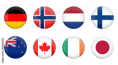 Glossy round icons of international flags including Germany, Norway, Netherlands, Finland, New Zealand, Canada, Ireland and Japan. Set of 3D circle flag buttons for web, apps and design.