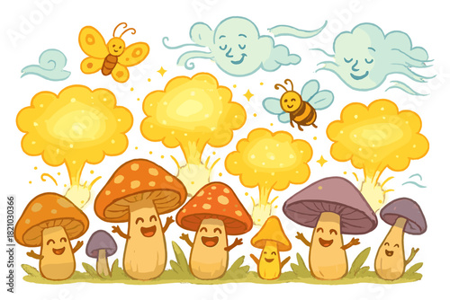 Magical Mushroom Festival. Spore release festival with mushrooms puffing glowing clouds, happy insects floating, and breezy winds