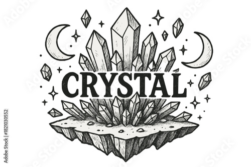 Crystal Island Fantasy. Hand-drawn crystal island with moons, gems, and sparkles, center word “Crystal” in black and white