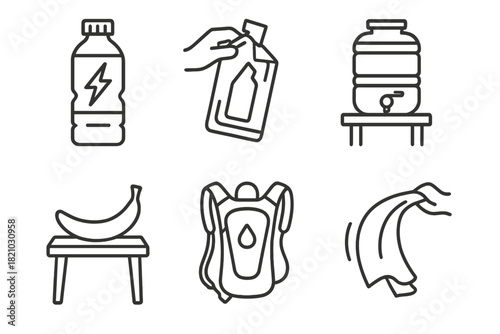 OCR Hydration Essentials. Line style icons of OCR energy and hydration: electrolyte bottle, gel pack tear, water station jug,