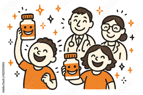 Joyful Placebo Experiment. Cheerful doodle placebo experiment with happy volunteers holding grinning pill bottles, smiling doctors