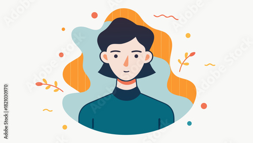 Flat style illustration of a young person with short dark hair and turtleneck sweater on abstract colorful background
