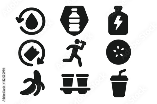 Hydration and Nutrition Icons. Solid style icons of hydration and nutrition points: backward water drop icon, flipped bottle badge