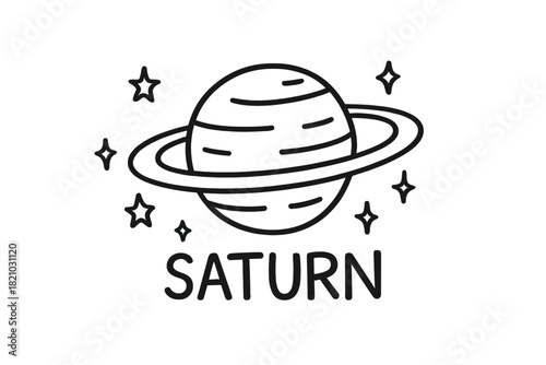 Doodle Saturn Art. Doodle saturn with stars, rings, and sparkles, center word “Saturn” in black and white isolated transparent