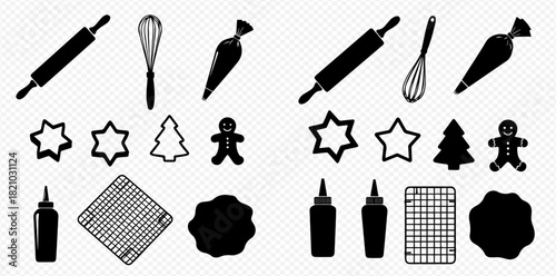 Collection of baking tools and Christmas cookie cutters, including rolling pins, whisks, piping bags, star, tree, and gingerbread man shapes, cooling racks, and icing bottles.