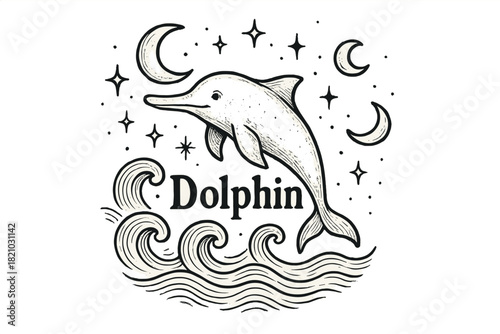 Mystical Dolphin Design. Hand-drawn river dolphin with moons, waves, and sparkles, center word “Dolphin” in black and white