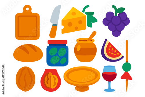 Cheese Serving Icons. Flat vector icons of Cheese Serving: cutting board, cheese knife, cheese wedge, grape bunch, bread loaf,