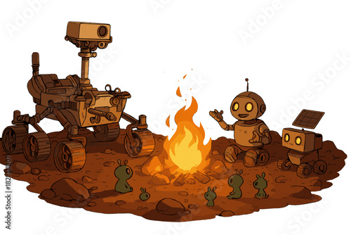 Martian Campfire Gathering. Rover campfire scene on Mars with robots telling stories, rocks glowing, and tiny alien critters
