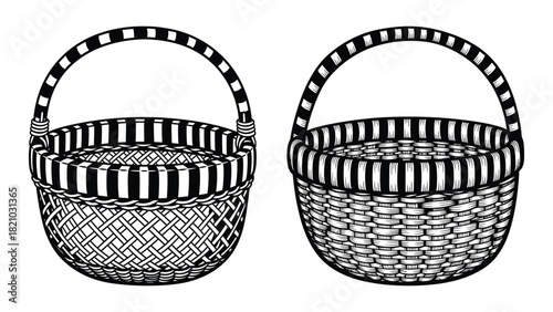 Two hand drawn valentine s and white illustrations of woven baskets with striped handles