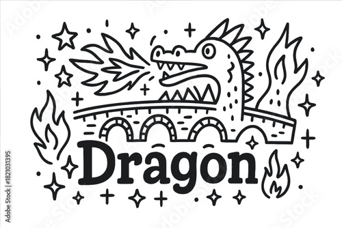 Dragon Doodle Bridge. Doodle dragon bridge with stars, flames, and sparkles, center word “Dragon” in black and white isolated
