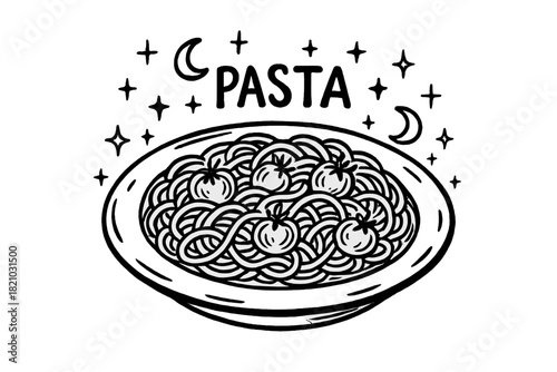 Plate of pasta with tomatoes and a starry background