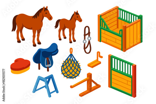 Farm Animal Icons. Isometric vector illustration set Farm animals – horse, foal, stable stall; saddle, bridle, hay net; grooming