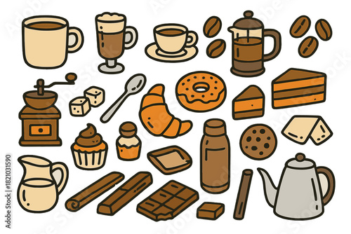 Cartoon drawing of various food items and drinks, including coffee, donuts