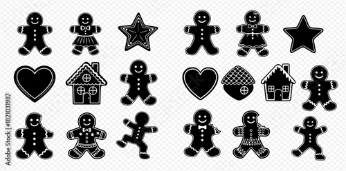 Collection of black silhouette gingerbread cookies, men, women, stars, hearts, and houses, perfect for Christmas and holiday designs.