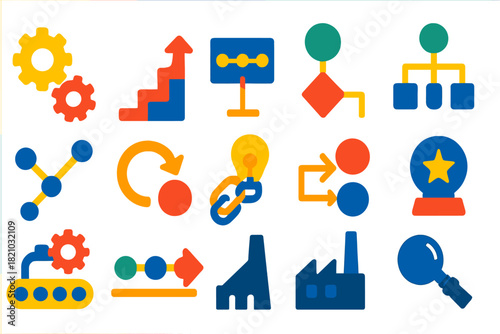 Modern Tech Icons. Flat vector icons of technological determinism: gear train, arrow of progress, system icon, flow diagram,