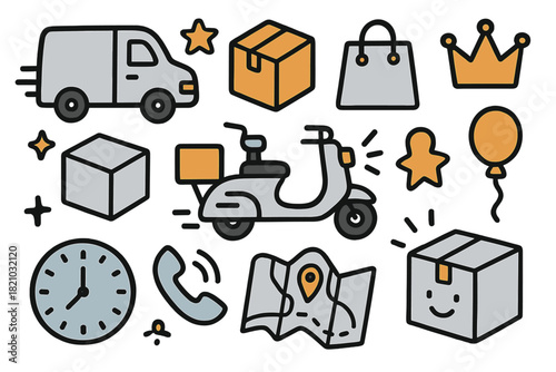 Collection of various transportation and delivery items, including a scooter