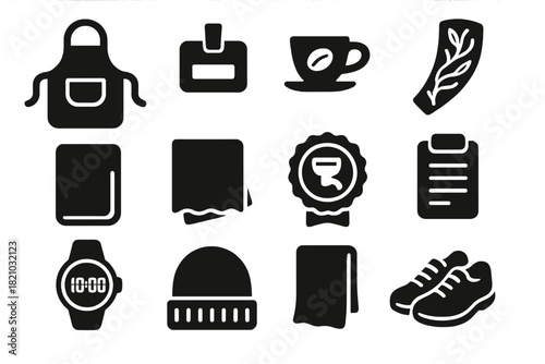 Barista Icon Set. Solid style icons of Barista attire and accessories: apron, name tag, coffee pin, sleeve tattoo, pocket notebook