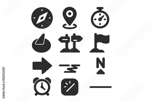 Arctic Navigation Icons. Solid style icons of Arctic time and navigation: magnetic compass, GPS coordinates, time tracker, sun