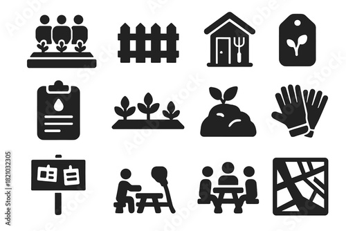 Community Garden Icons. Solid style icons of Community Gardens: shared plot, garden fence, tool shed, watering schedule, veggie