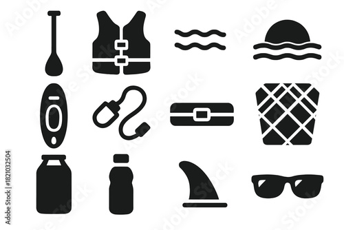 Paddleboarding Essentials Icons. Solid style icons of Paddleboarding essentials: paddle, life vest, calm water, sunset,