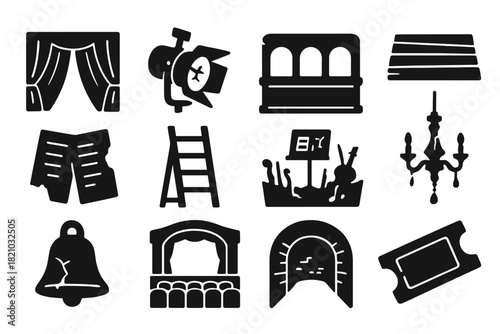 Forgotten Stage Icons. Solid style icons of Forgotten stages: velvet curtain, cracked spotlight, empty balcony, wooden floorboards