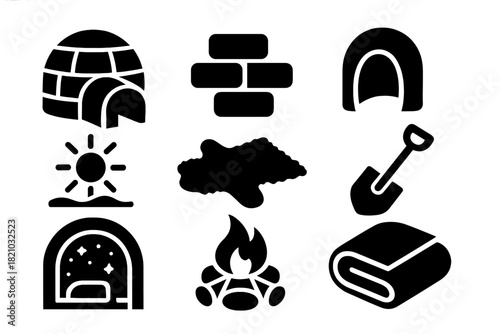 Arctic Shelter Icons. Solid style icons of Arctic Shelter: dome-shaped igloo, ice bricks, snow tunnel, arctic light, fur sleeping