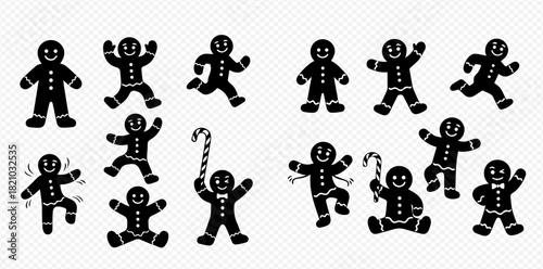 Collection of black silhouette gingerbread men in various poses, some holding candy canes, on a transparent background.