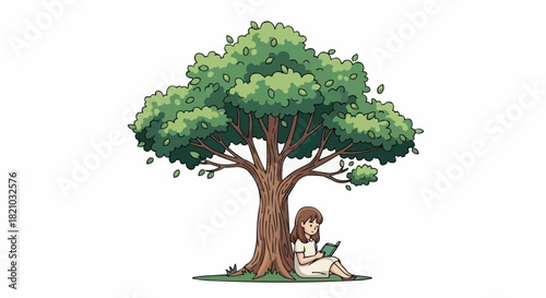 Young Woman Reading Book Underneath a Large Green Tree.