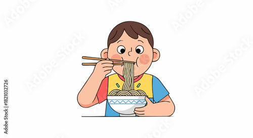 Young boy happily eating noodles with chopsticks from a bowl.
