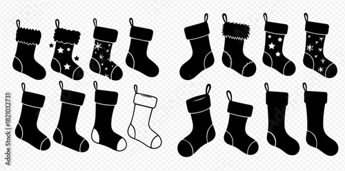 Set of black Christmas stocking silhouettes featuring various designs including stars, plain styles, and an outline, perfect for holiday decorations.