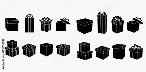 A collection of black silhouette gift boxes in various shapes and configurations, including closed, open, and stacked presents with bows, against a transparent background.