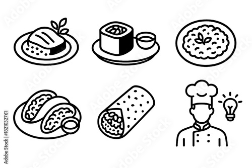 Cuisine Icons Collection. Line style icons of modern uses in cuisine: fusion dish icon, grain sushi roll, gourmet grain risotto,