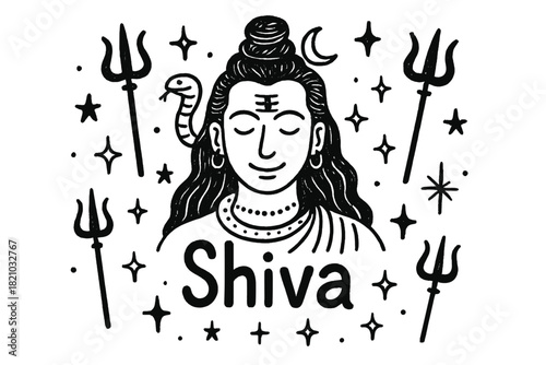 Shiva Doodle Art. Doodle shiva with stars, tridents, and sparkles, center word “Shiva” in black and white isolated transparent