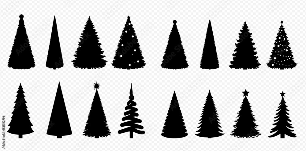 Obraz premium Diverse collection of Christmas tree silhouettes, featuring various shapes, some decorated with lights and stars.