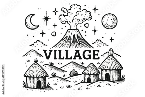 Volcanic Village Fantasy. Hand-drawn volcanic village with moons, huts, and sparkles, center word “Village” in black and white