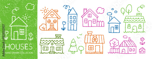 Childlike crayon drawing of cute houses with flowers and trees. Pastel sketch of home and garden elements. Color doodle farm or village buildings, cottages with chalk texture, vector illustration