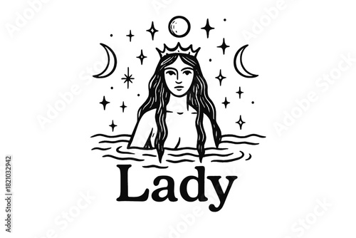 Lady of the Lake. Hand-drawn lady of the lake with moons, water, and sparkles, center word “Lady” in black and white isolated
