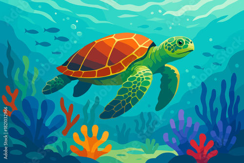 Serene Sea Turtle. Vibrant underwater scene with vector illustration a sea turtle swimming in a clear turquoise ocean, serene and