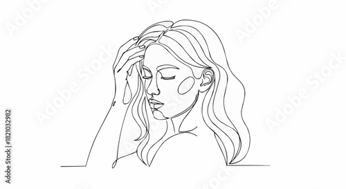 Continuous line drawing of a serene woman with closed eyes and hand in hair.