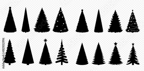 Diverse collection of Christmas tree silhouettes, featuring various shapes, some decorated with lights and stars.
