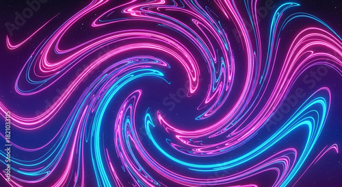 Abstract swirling neon light trails in vibrant pink and cyan against dark background