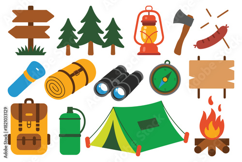A collection of camping gear and outdoor recreation items are neatly arranged against a white background, illustrating adventure and nature exploration.