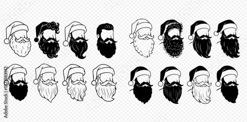 A collection of various beard and mustache styles, some with Santa hats, in both outline and solid black designs.