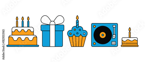 A collection of celebratory items including a two-tiered cake with candles, a wrapped gift box, a cupcake with a candle, a turntable, and a single-tiered cake with a candle.