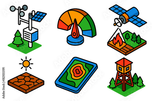Fire Danger Monitoring. Isometric vector illustration set Fire Danger Monitoring: weather station, fire risk gauge, satellite