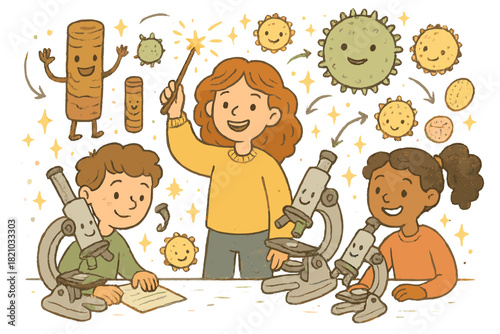 Pollen Analysis Adventure. Magical doodle palynology workshop with smiling students, cartoon pollen cores waving, cheerful