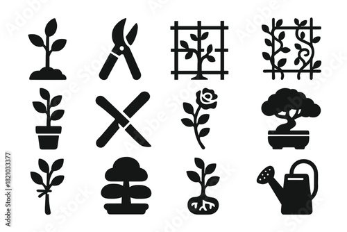 Plant Care Icons. Solid style icons of plant selection and training: nursery sapling, pruning shears, espalier frame, trellis vine