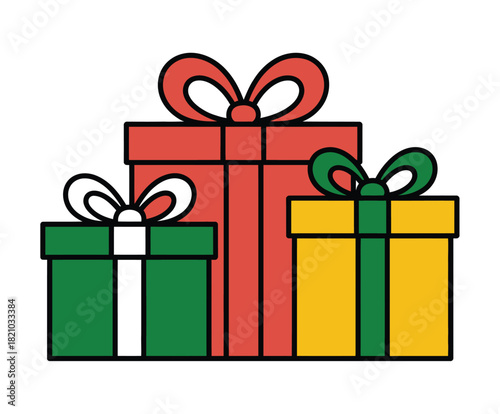 A stack of three brightly colored gift boxes, adorned with bows, are presented for celebration.