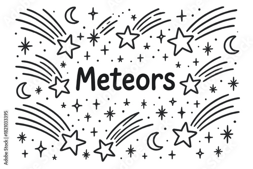 Meteors and Shooting Stars. Doodle shooting stars with trails, sparkles, and moons, center word “Meteors” in black and white