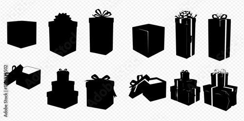 A collection of black silhouette gift boxes, some open, some stacked, with decorative bows and ribbons, suitable for celebrations.